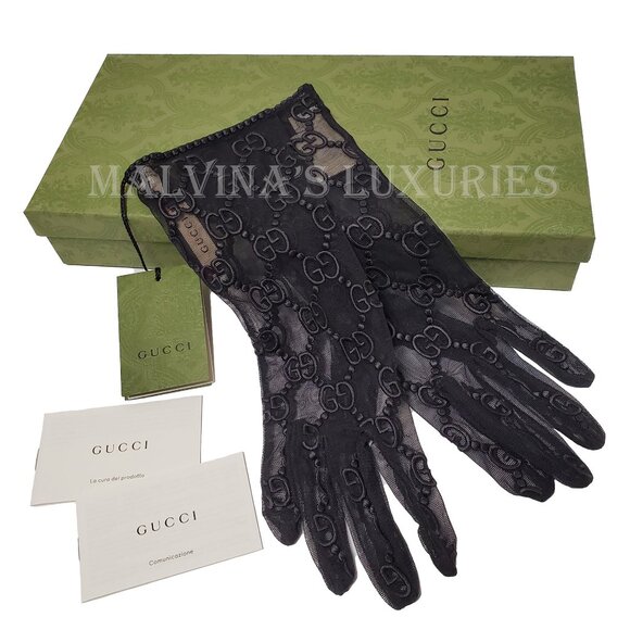 GUCCI GLOVES 787379 BLACK TULLE w GG LOGO MOTIF EMBROIDERY sz 8 / L - Picture 6 of 14